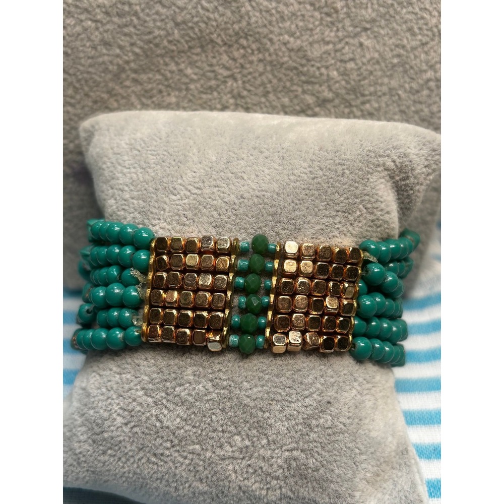 #21. Multi-Strand Teal & Gold Beaded Statement Bracelet